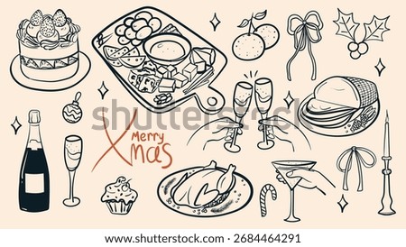 Vintage Merry Christmas elements collection. Christmas dinner table with food and champagne. Doodle ink sketch minimalist style. Hand drawn retro style vector illustration.