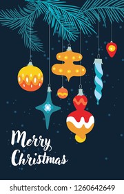 Vintage merry christmas greeting card with ornament and needles (spruce branch) on dark blue background. 