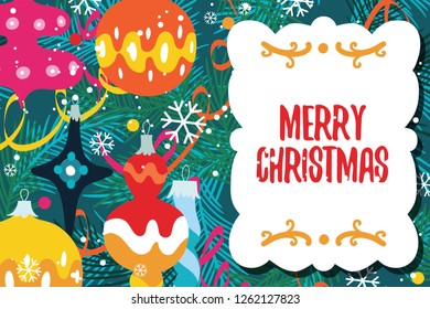 Vintage merry christmas greeting card with ornament (
Christmas decorations, balls and streamer) on christmas tree (needles) background. 