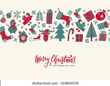 Vintage Merry Christmas greeting card with pattern background. Xmas decoration elements in wide strip. Tree color illustration