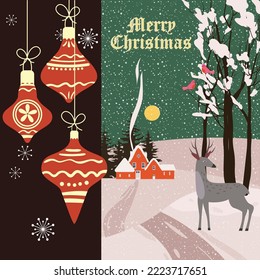 Vintage Merry Christmas greeting card, background. Christmas balls, winter village