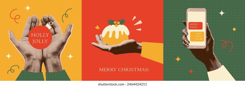 Conjunto de tarjetas de felicitación de Antiguas Merry Navidades. Mano sosteniendo el teléfono con mensajes de saludo, bauble del árbol de Navidad y pastel de Navidad. Ilustración vectorial de collage retro silenciada. Diseño para póster, Anuncio