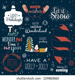 Vintage Merry Christmas And Happy New Year Calligraphic And Typographic Background. Greeting stylish illustration of winter elements and wishes. Good for design, cards or posters. Scrapbooking.