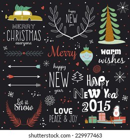 Vintage Merry Christmas And Happy New Year Calligraphic And Typographic Background. Greeting stylish illustration of winter elements and wishes. Good for design, cards or posters. Scrapbooking.