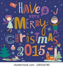 Vintage Merry Christmas And Happy New Year Calligraphic And Typographic Background. Greeting stylish illustration of winter elements and wishes. Good for design, cards or posters. Scrapbooking.