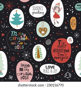 Vintage Merry Christmas And Happy New Year Calligraphic And Typographic seamless pattern. Greeting stylish illustration of winter elements and wishes. Good for design, cards or posters. Scrapbooking.