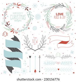 Vintage Merry Christmas And Happy New Year Calligraphic And Typographic Background. Greeting stylish illustration of winter elements and wishes. Good for design, cards or posters. Scrapbooking.