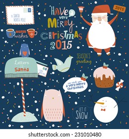 Vintage Merry Christmas And Happy New Year illustration of winter elements and wishes. Greeting stylish calligraphic and typographic background. Santa Claus, dove, mailbox, owl, snowman, letter, cups.