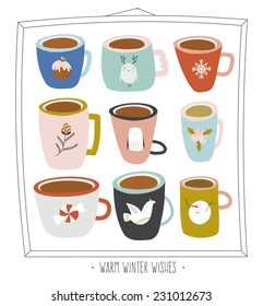 Vintage Merry Christmas And Happy New Year illustration of different colorful cups with funny and cute pictures. Greeting stylish collections. Winter coffee and tea. Warm wishes.