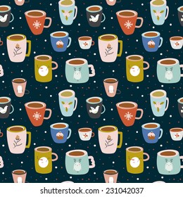 Vintage Merry Christmas And Happy New Year seamless pattern. Greeting stylish illustration with colorful cups with cute pictures. Perfect for wrapping paper and scrapbooking. Winter coffee and tea.