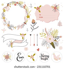 Vintage Merry Christmas And Happy New Year Calligraphic And Typographic Background. Greeting stylish illustration of  winter romantic flowers, berries, leafs, wreath, laurel. Good for cards or posters