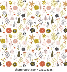 Vintage Merry Christmas And Happy New Year seamless pattern with greeting stylish illustration of  winter romantic flowers, berries, leafs, wreath, laurel. Perfect for wrapping paper and scrapbooking