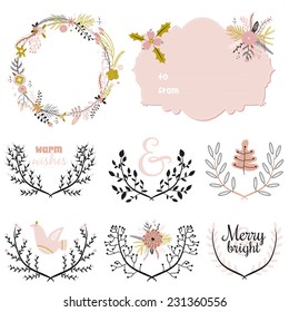 Vintage Merry Christmas And Happy New Year Calligraphic And Typographic Background. Greeting illustration of winter romantic flowers, berries, leafs, wreaths, laurels, wishes, dove, snowflakes