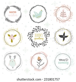 Vintage Merry Christmas And Happy New Year Calligraphic And Typographic Background. Greeting illustration of winter romantic flowers, berries, leafs, wreaths, laurels, wishes, dove, owl, snowflakes