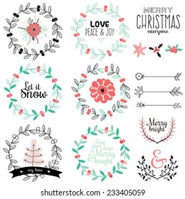 Vintage Merry Christmas And Happy New Year Calligraphic And Typographic Background. Greeting stylish illustration of  winter romantic flowers, berries, leafs, wreath, laurel. Good for cards or posters
