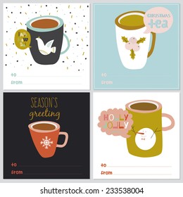 Vintage Merry Christmas And Happy New Year illustration of different colorful cups with funny and cute pictures. Greeting stylish post card collections. Winter coffee and tea. Warm wishes.