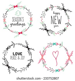 Vintage Merry Christmas And Happy New Year Calligraphic And Typographic Background. Greeting stylish illustration of  winter romantic flowers, berries, leafs, wreath, laurel. Good for cards or posters