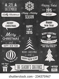 Vintage Merry Christmas And Happy New Year Calligraphic And Typographic Background With Chalk Word Art On Blackboard 