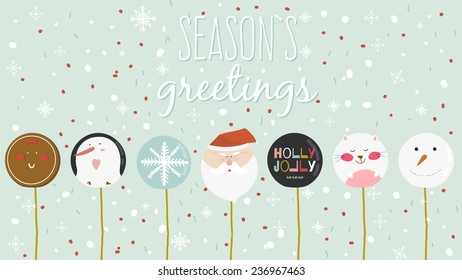 Vintage Merry Christmas And Happy New Year Calligraphic And Typographic card with greeting candy on a stick. Penguin, Santa, snowflake, gingerbread. Illustration of winter elements.