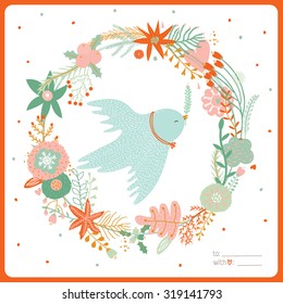 Vintage Merry Christmas And Happy New Year card with flowers and winter dove. Greeting stylish illustration of winter romantic wreath of flowers, leafs and laurel. Good for cards or posters