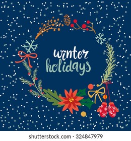 Vintage Merry Christmas And Happy New Year Set of Wreathes with Calligraphic And Typographic Wishes and Winter Holiday Elements. Greeting hand drawn illustration for Xmas.