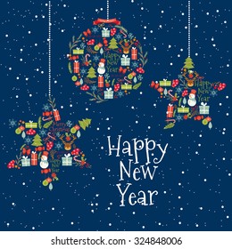 Vintage Merry Christmas And Happy New Year Set of Wreathes with Calligraphic And Typographic Wishes and Winter Holiday Elements. Greeting hand drawn illustration for Xmas.