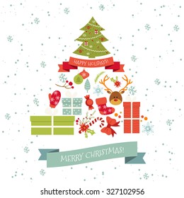 Vintage Merry Christmas And Happy New Year Set of Wreathes with Calligraphic And Typographic Wishes and Winter Holiday Elements. Greeting hand drawn illustration for Xmas.