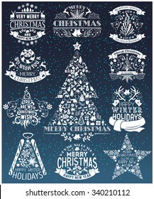 Vintage Merry Christmas And Happy New Year collection of calligraphic and typographic design with labels, symbols and icons elements. Happy Winter Holidays