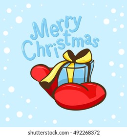Vintage Merry Christmas And Happy New Year card template with Santa Clauses, hand holding a gift box and hand drawn greeting text