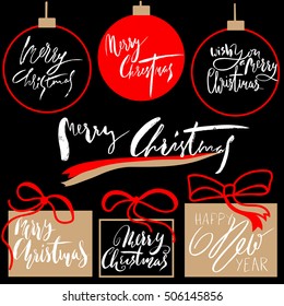 Vintage Merry Christmas And Happy New Year Handdrawn Calligraphic And Typographic labels set. Decorations elements, Symbols, Icons, Frames, Ornaments and Ribbons, set.