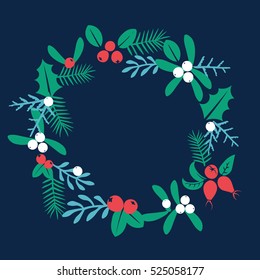 Vintage Merry Christmas And Happy New Year background. Berries, sprigs and leaves stylish vector illustration on winter greeting card. Good for cards, posters and banner design