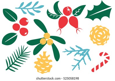 Vintage Merry Christmas And Happy New Year decorations. Berries, sprigs and leaves stylish vector illustration on winter background. Good for cards, posters and banner design