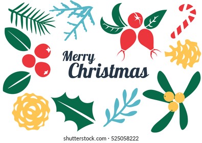 Vintage Merry Christmas And Happy New Year decorations. Berries, sprigs and leaves stylish vector illustration on winter background. Good for cards, posters and banner design