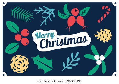Vintage Merry Christmas And Happy New Year decorations. Berries, sprigs and leaves stylish vector illustration on winter background. Good for cards, posters and banner design
