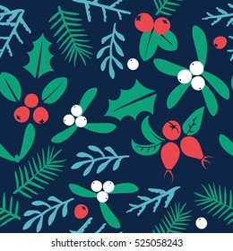 Vintage Merry Christmas And Happy New Year seamless pattern background. Berries, sprigs and leaves stylish vector illustration on winter greeting card. Good for cards, posters and banner design