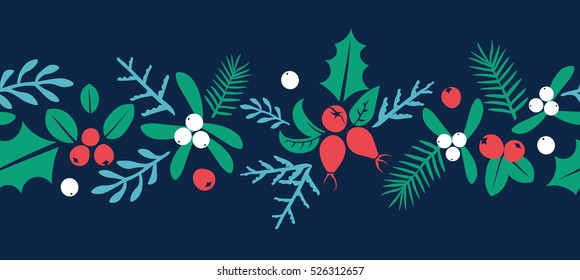 Vintage Merry Christmas And Happy New Year background. Berries, sprigs and leaves stylish vector illustration on winter greeting card. Good for cards, posters and banner design