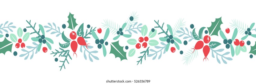 Vintage Merry Christmas And Happy New Year background. Berries, sprigs and leaves stylish vector repeating white winter illustration. Good for cards, posters and banner design