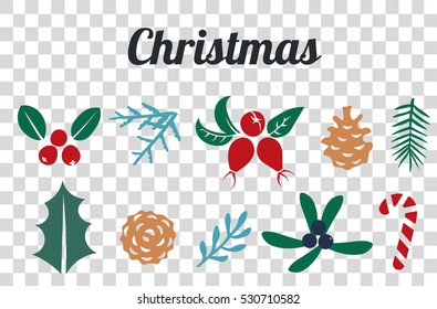 Vintage Merry Christmas And Happy New Year decorations. Berries, sprigs and leaves stylish vector illustration on winter background. Good for cards, posters and banner design