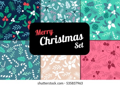 Vintage Merry Christmas And Happy New Year seamless pattern background set. Berries, sprigs and leaves stylish vector illustration on winter greeting card. Good for cards, posters and banner design