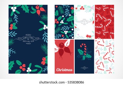 Vintage Merry Christmas And Happy New Year background set  Berries  sprigs   leaves stylish vector illustration winter greeting card  Good for cards  posters   banner design collection