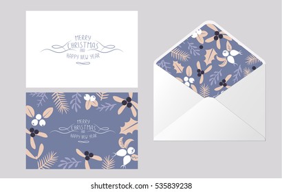 Vintage Merry Christmas And Happy New Year envelope template design set. Berries, sprigs and leaves stylish vector illustration on winter greeting card.