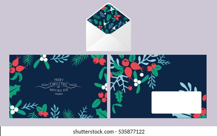 Vintage Merry Christmas And Happy New Year envelope template design set. stylish vector illustration greeting card.