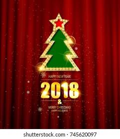 Vintage Merry Christmas and happy new year Poster Template with Shining Gold Snowflakes and balls on red background. Vector illustration.
