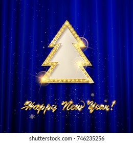 Vintage Merry Christmas and happy new year Poster Template with Shining Gold Snowflakes and balls on blue background. Vector illustration. Snowflake frame and sparkles. Gold christmas balls.