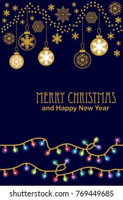 Vintage Merry Christmas and Happy New Year card. Golden snowflakes and festive garland on black background.