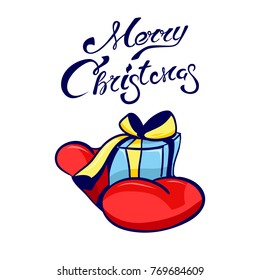 Vintage Merry Christmas And Happy New Year card template with Santa Clauses, hand holding a gift box and hand drawn greeting text