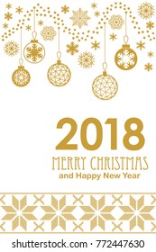 Vintage Merry Christmas and Happy New Year card with carnival motifs. Golden decorations, snowflakes and ornaments on white background. Template for covers, banners, posters, invitations.