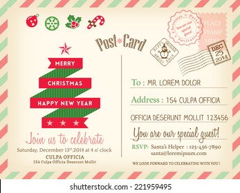 Vintage Merry Christmas holiday postcard background vector template for party greeting card