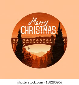 Vintage merry christmas landscape, vector illustration.