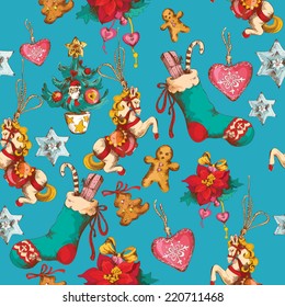 Vintage merry christmas new year holiday decoration sketch seamless pattern vector illustration